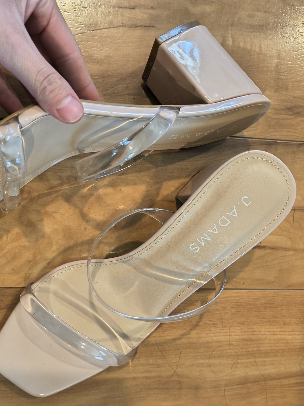 J. Adams Nude Block Heel Sandals with Clear Straps